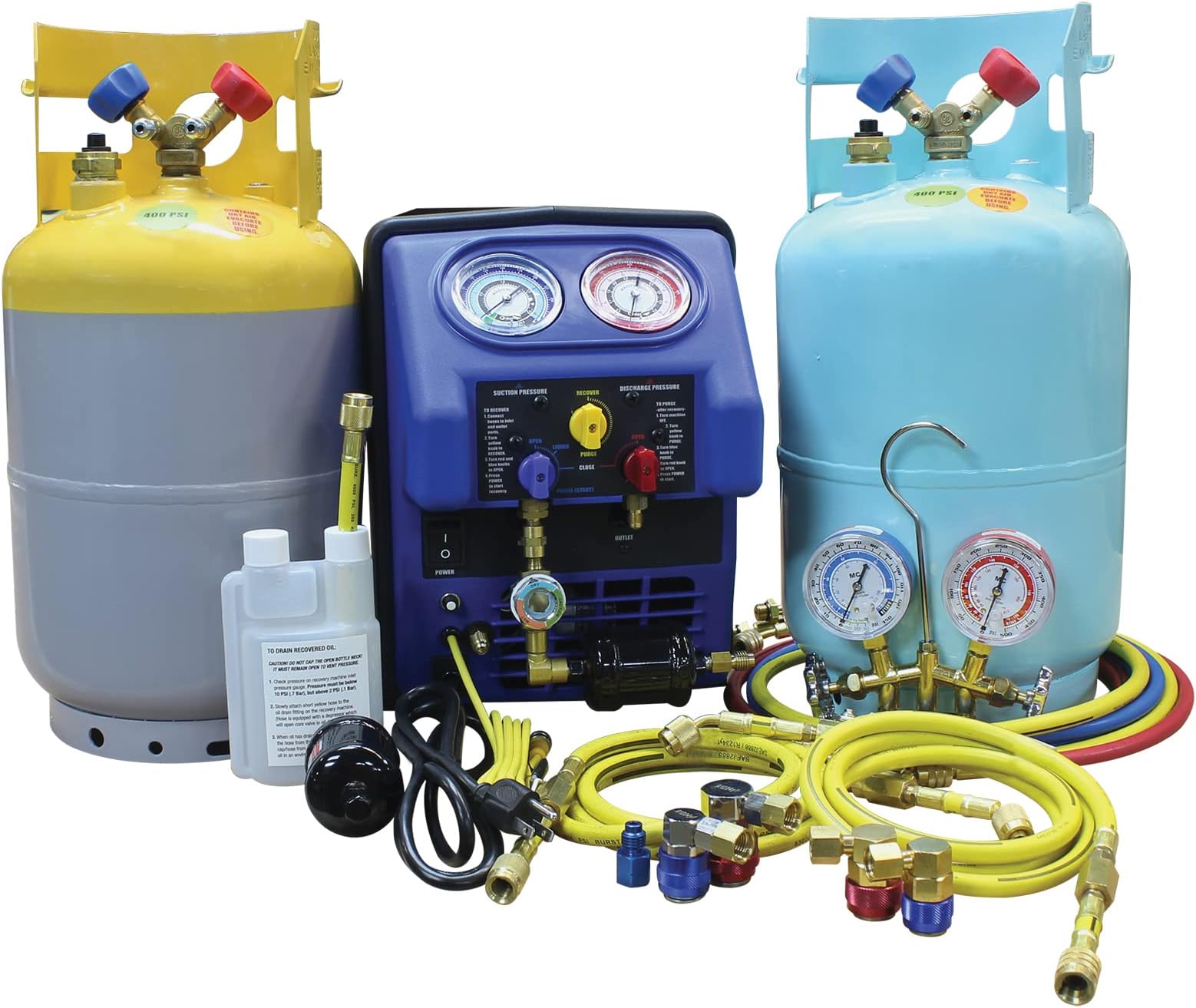69372 Dual Refrigerant Recovery System – Compatible with R134a & R1234yf, 1/2 HP Oil-Less Compressor, Dual Manifold Gauge Set, 30 lb DOT Tanks with Float Switch