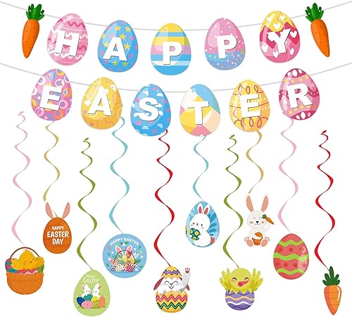 Pancarta de Pascua feliz huevos de zanahoria guirnalda de banderines colgantes para decoraciones de Pascua suministros de recuerdos de fiesta