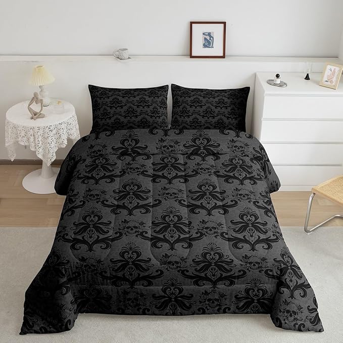 Feelyou Black Comforter Set Full Size Kids Jacquard Comforter for Boys Teens Sugar Skull Bedding Set Exotic Black Damask Duvet Set Room Decor Quilt Set