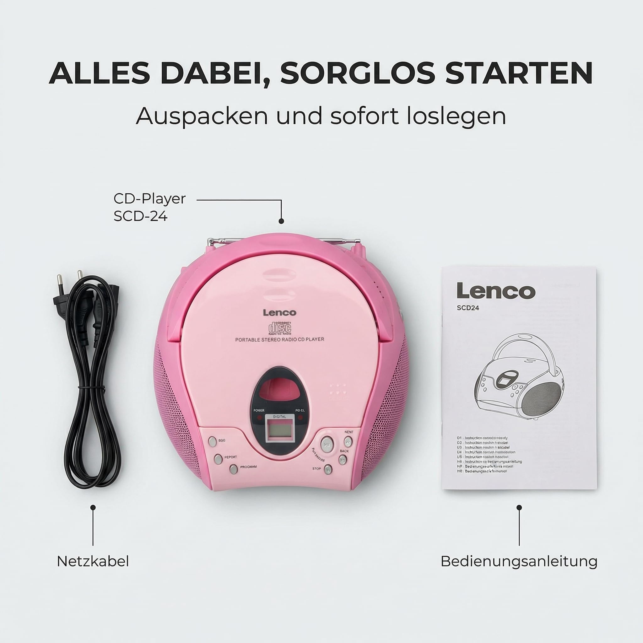 Lenco SCD-24 PINK - CD Player - Radio-CD Player - auch für Kinder - Tragbar | SCD-24 - CD Spieler - Stereo - LCD - Display - Kopfhöreranschluss - Batterie u. Netzbetrieb - rosa