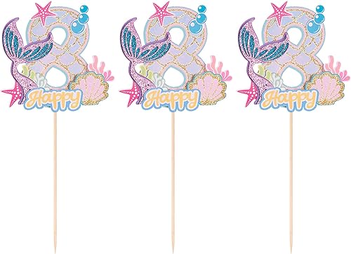 Miniatura 3 de Gyufise 1 pieza de decoración de pastel de sirena de ocho cumpleaños para niños y niñas, baby shower bajo el mar, temática de sirena, suministros de