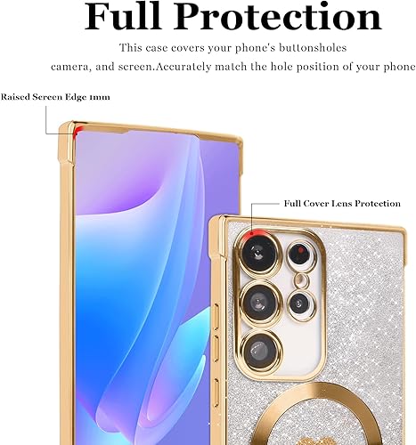 Miniatura 3 de FIRSTPELLA Funda magnética con purpurina para Samsung Galaxy S23 Ultra - compatible con MagSafe Funda transparente de lujo con diseño de corazón y