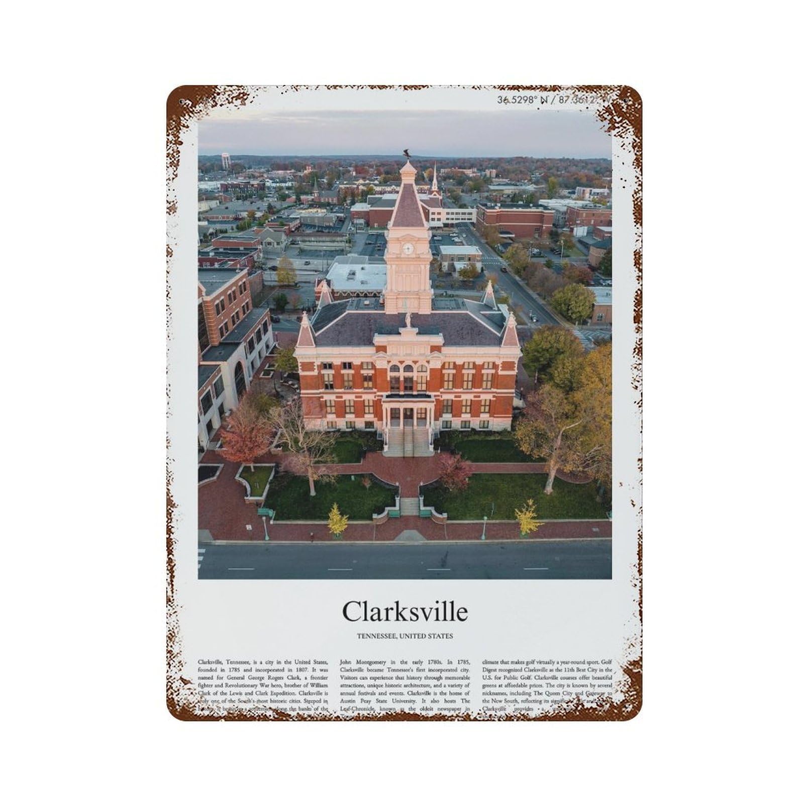 xiaoxiaoshen Clarksville Tennessee, United States, USA City Scenery Wall Decor Art Metal Tin Poster Modern Home Decor Art Home Bar Shop Decorations Vintage Sign 40x30cm