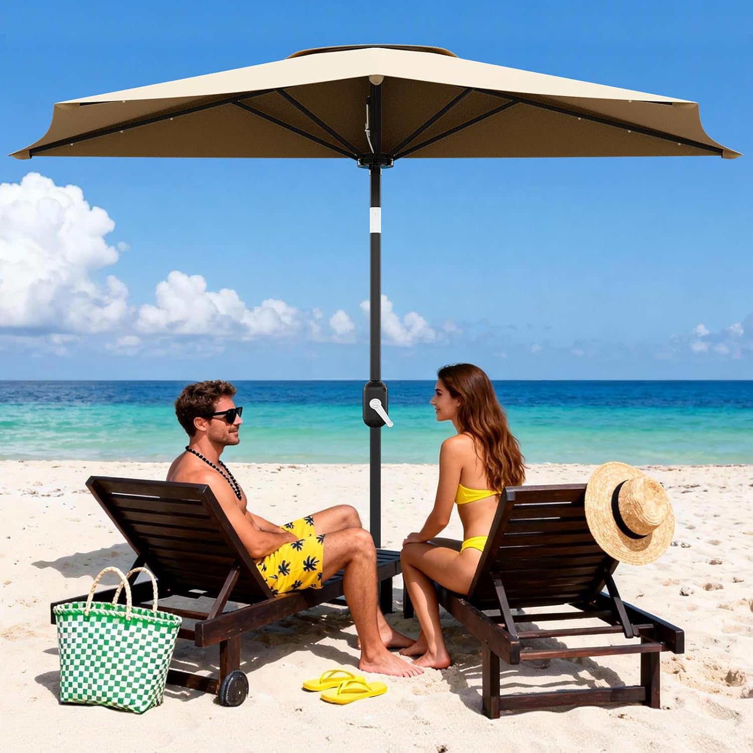 Garvee Patio Umbrella 9FT - Half Umbrella Outdoor with Smooth Crank Lift, Outdoor Shade Canopy for Patio, Backyard, Garden, Deck, Balcony -Tan