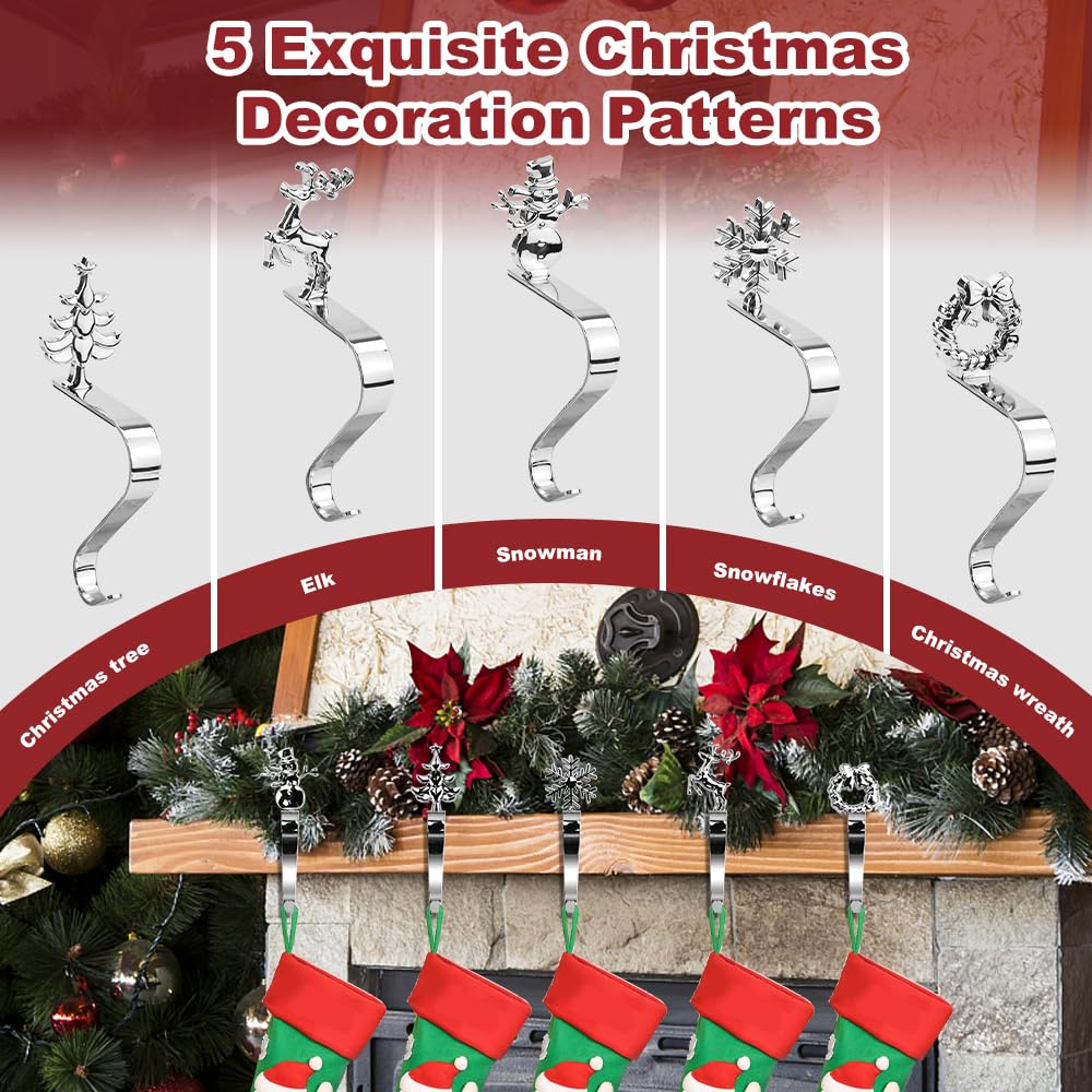 NAROSEBE 5 Ganci Calze Camino Supporto per Calza di Natale Robusti Antiscivolo Porta Calze di Natale Argentato per la Festa di Natale Decorazione del Camino