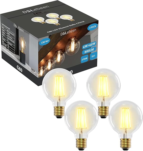 DSLebeen E27 LED Light Bulbs 6W (60W Incandescent Equivalent) G80 Edison Screw Bulb 800lm Decorative Vintage Filament Lighting Clear Globe Glass CRI 90+ Warm White 2700K Non-Dimmable 4 Pack