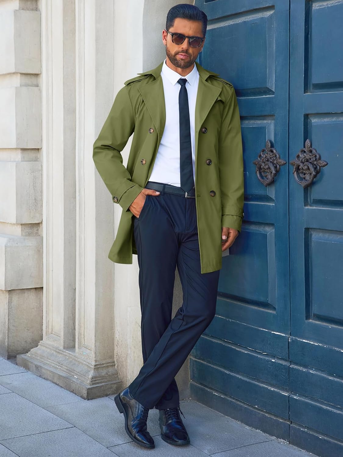 Runcati Men's Trench Coat Double Breasted Notched Lapel Long Jacket Belted Windbreaker Casual Slim Fit Overcoat - Image 4