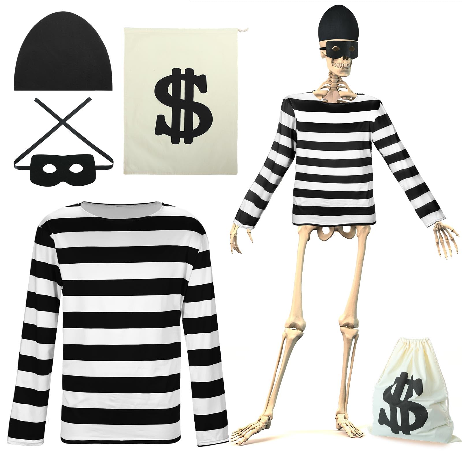Tarpop 4 Pcs Halloween 12 ft Skeleton Costume Accessories Giant Skeleton Outfit Robber Thief Themed Accessories Includes T-Shirts Hats Eye Masks Purses for Garden Lawn Outdoor Yard Decoration