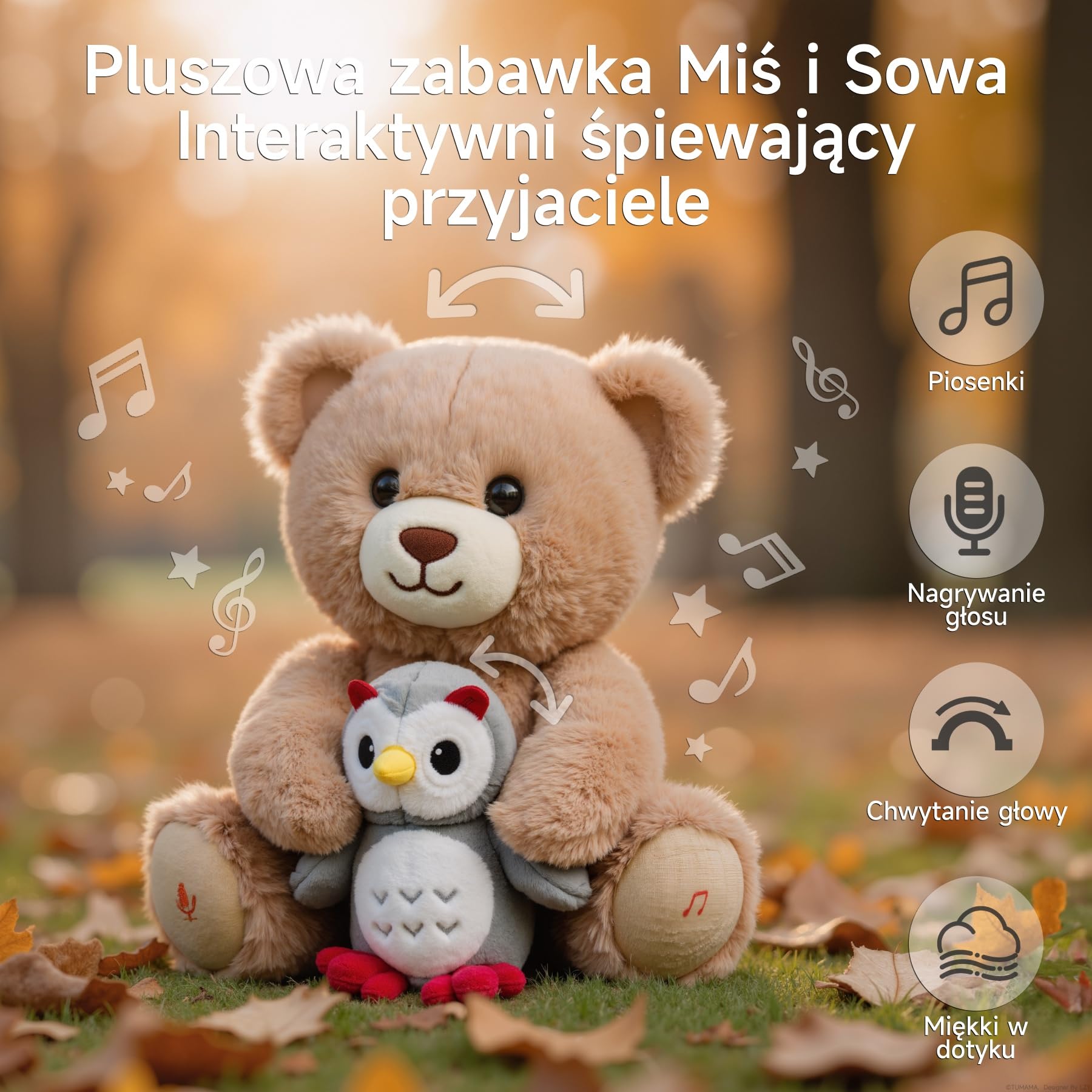 Muzyczny Pluszowy Miś z Sową, Interaktywny Mówiąca Przytulanka, Miękka Zabawka Pluszowa, Śpiewająca i Nagrywająca Pluszowe Zwierzątko, Prezent dla Niemowląt i Dzieci