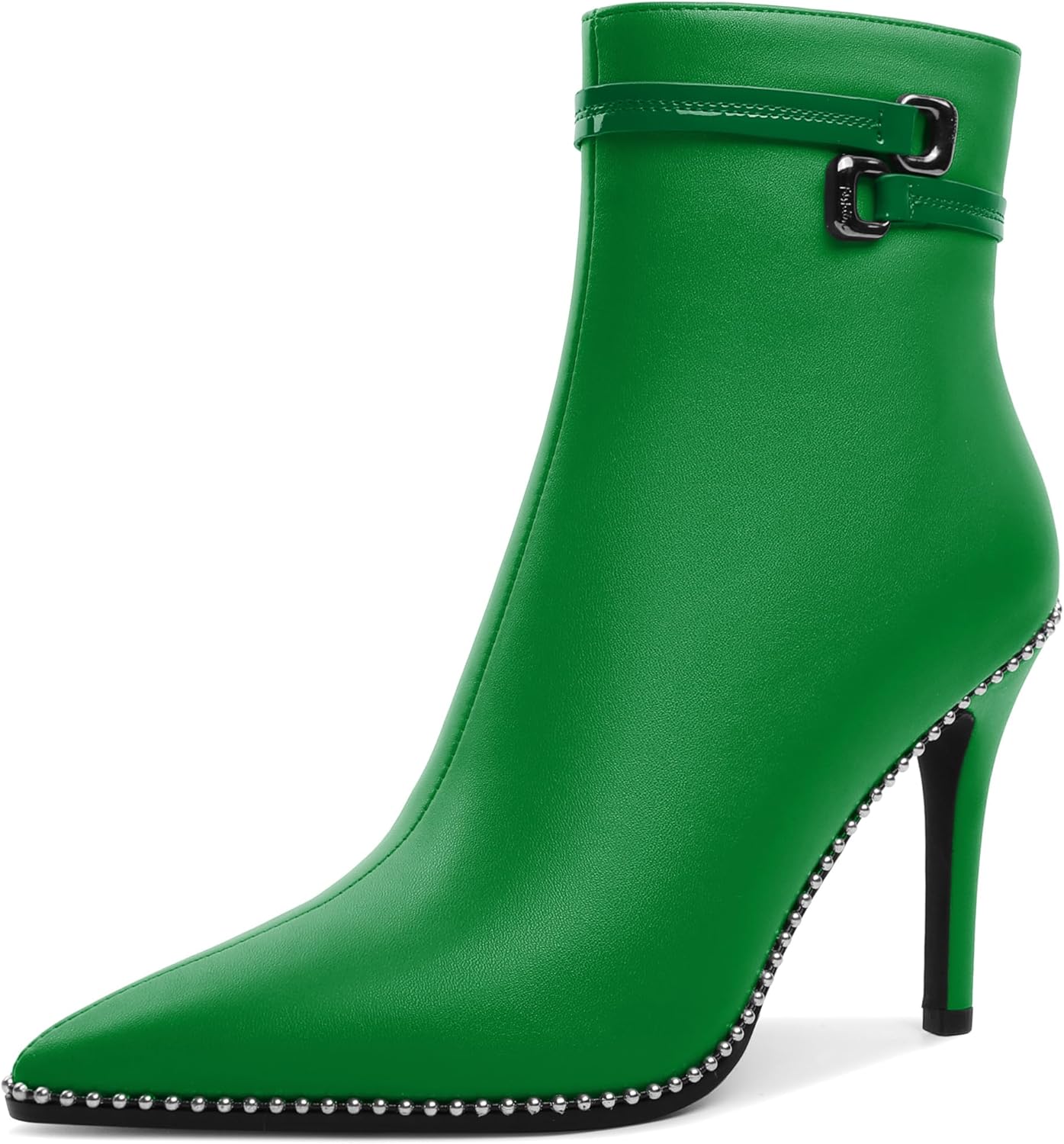 Soireelady Womens Ankle Boots Pointed Toe Thin High Heel Boots Beaded Stilettos Booties Short Boots with Metal Buckle Side Zipper Boot 4 Inch