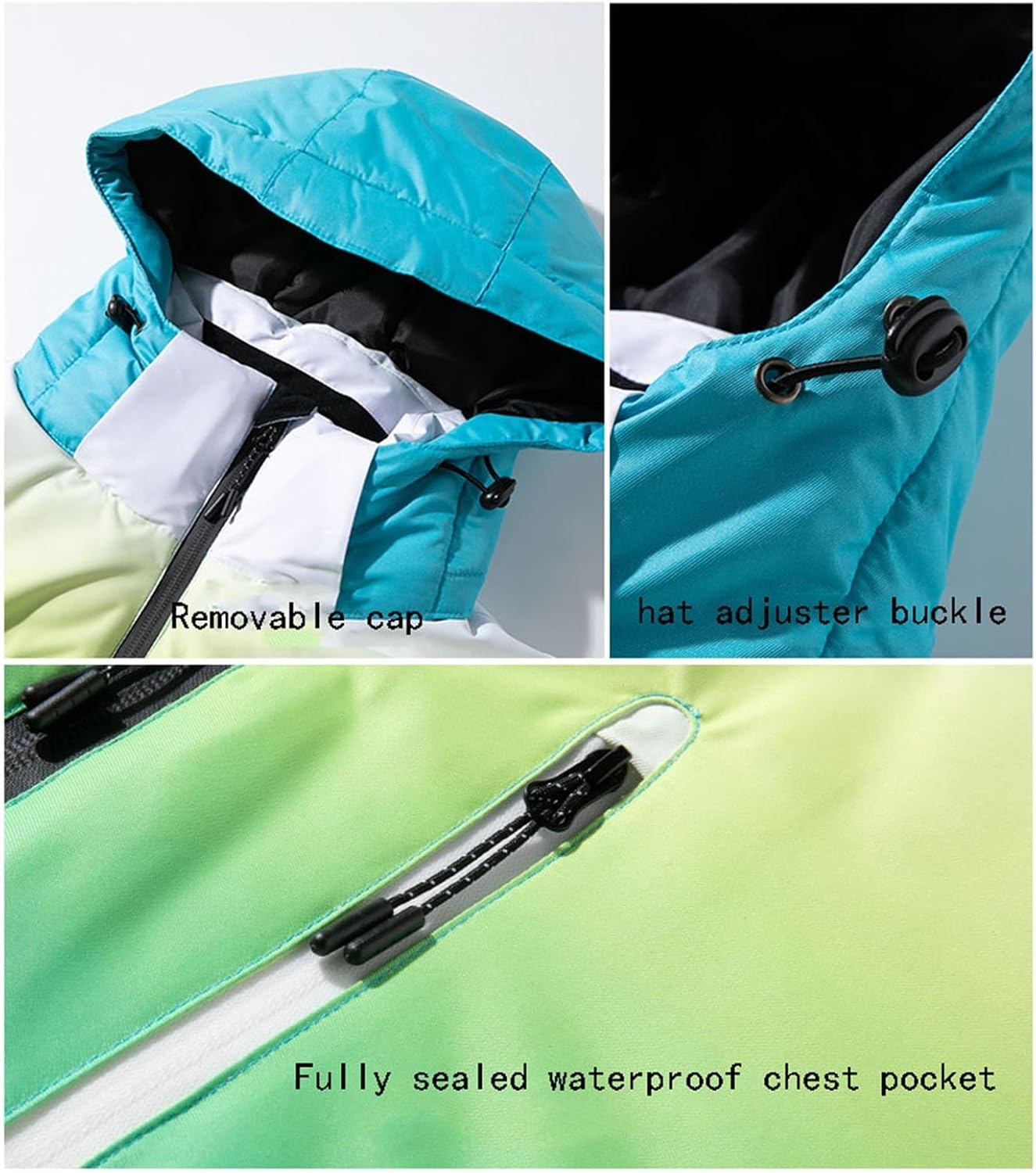 Mens Winter Warm Gradient Color Hooded Ski Jacket and Pants Set, Waterproof Windproof Hooded Raincoat Snowboard