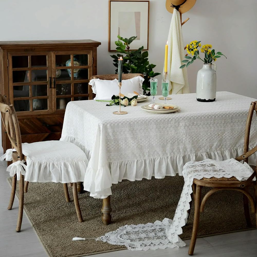 Mantel de algodón blanco con ribete de encaje, mantel de tela rústica para el hogar, fiestas, decoración de Navidad, elegante decoración de mesa de comedor