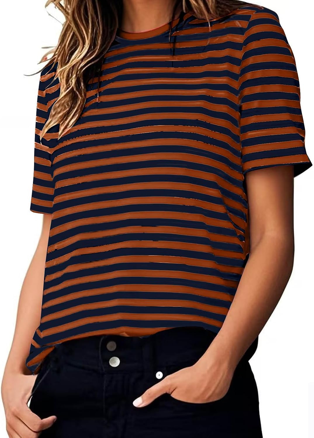 Women's Striped T Shirts Oversized Crewneck Short Sleeve Tops Summer Dressy Casual Blouse Color Block Basic Tees