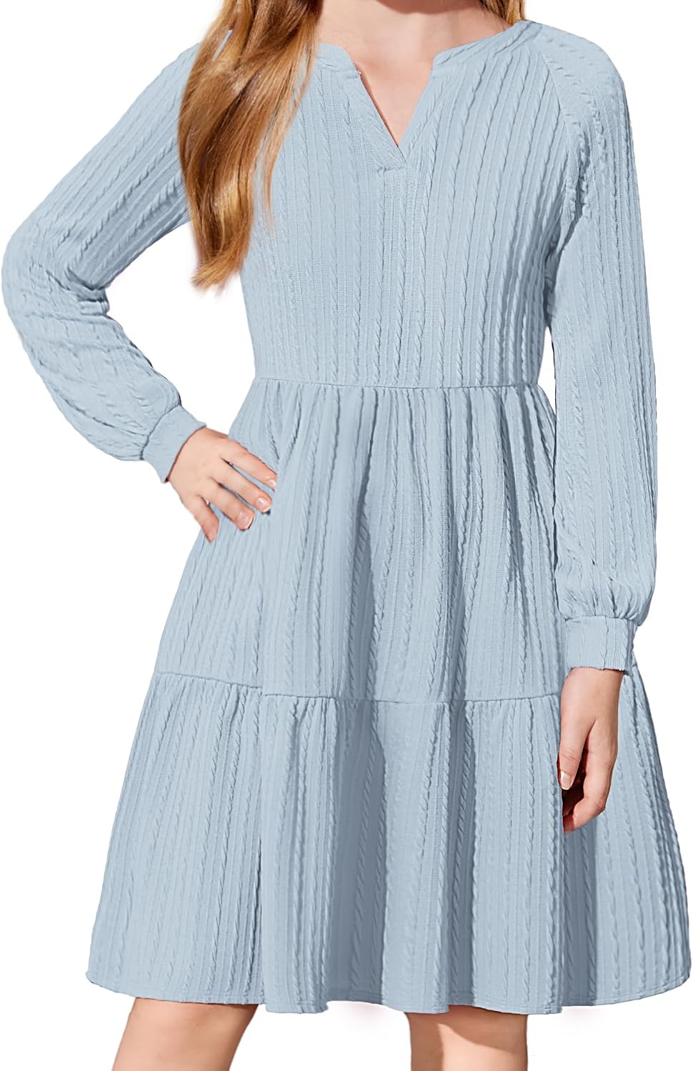 Arshiner Girls Dresses Lantern Long Sleeve Textured Casual Dress with Pockets for 5-12 Years