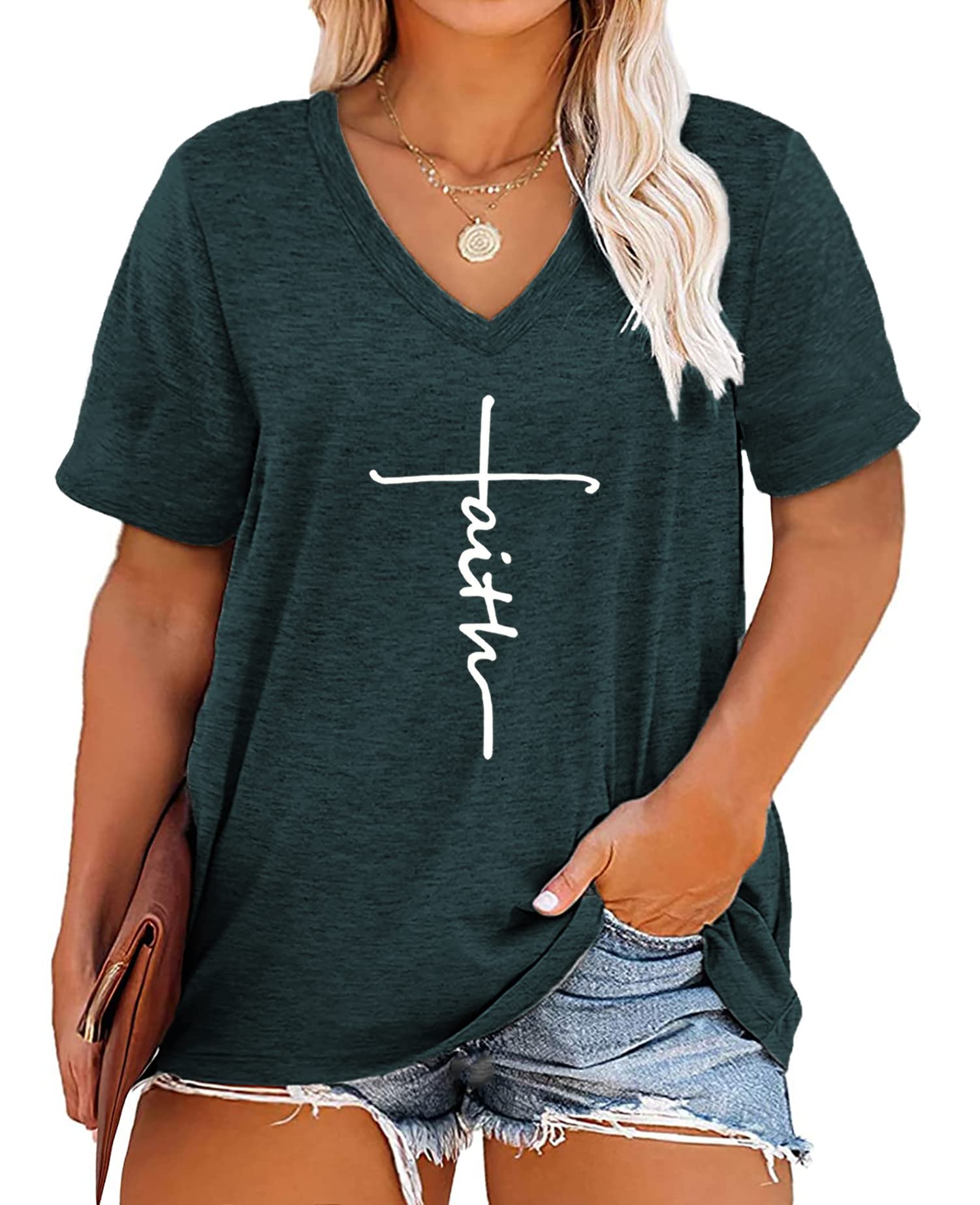 Plus Size Faith Shirts Womens V Neck Tshirt Graphic Tees Christian Short Sleeve Summer Tops
