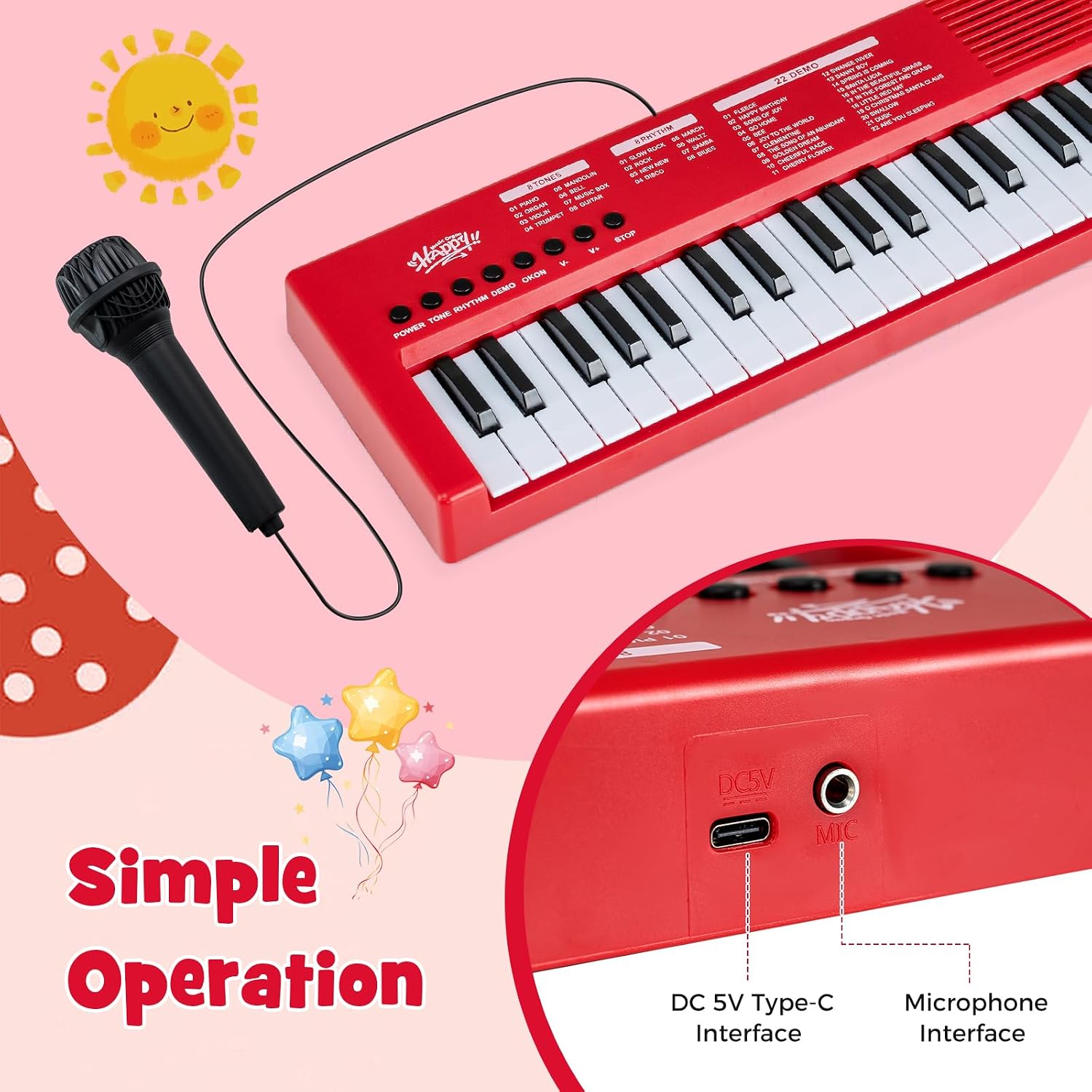 Costzon Kids Piano Keyboard, 37 Keys Portable Electric Keyboard Piano w/8 Rhythms, 8 Tones & 22 Demos, Educational Electronic Music Instrument Toy w/Microphone for 3+ Years Old Boys & Girls (Red)