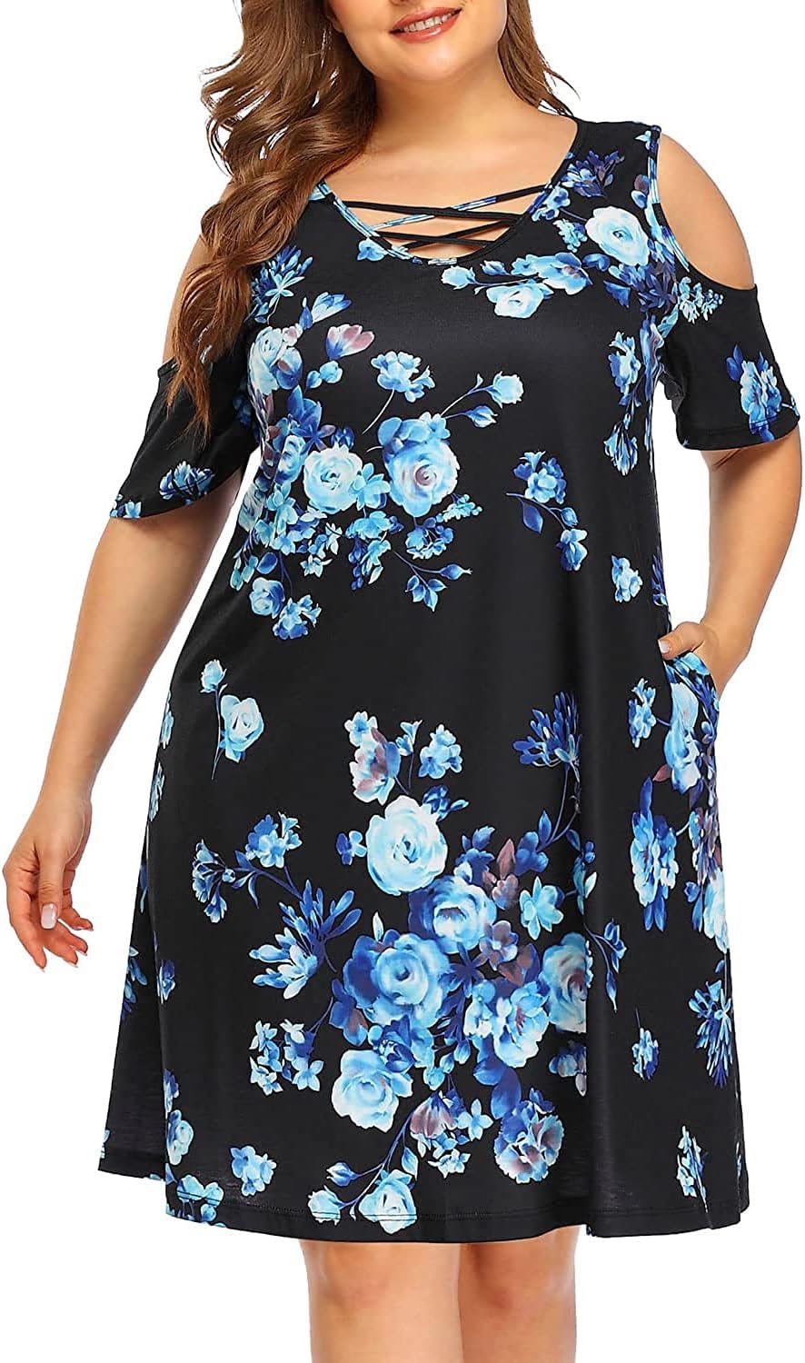 Women's Plus Size Sun Dress Cold Shoulder Casual T-Shirt Knee Length Sundresses with Pockets - Image 2