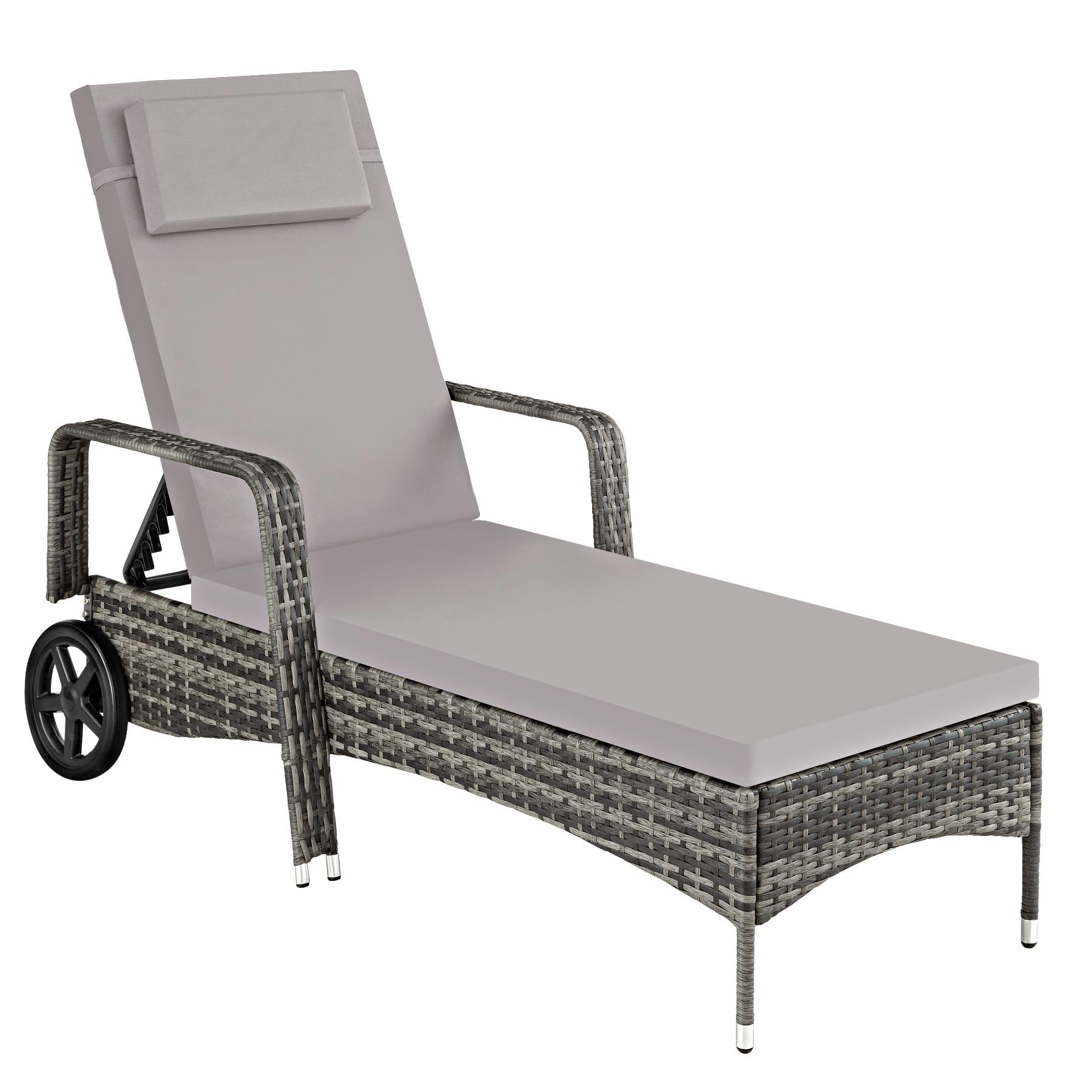 TecTake®, Tumbona Chaise Longue, Ajustable de Poliratán con Ruedas, Mueble Exterior Sofa Acolchado para Jardín y Terraza, 6 Posiciones, Fácil de Limpiar, Moderno, Hamaca de Jardín - Claro/Blanco