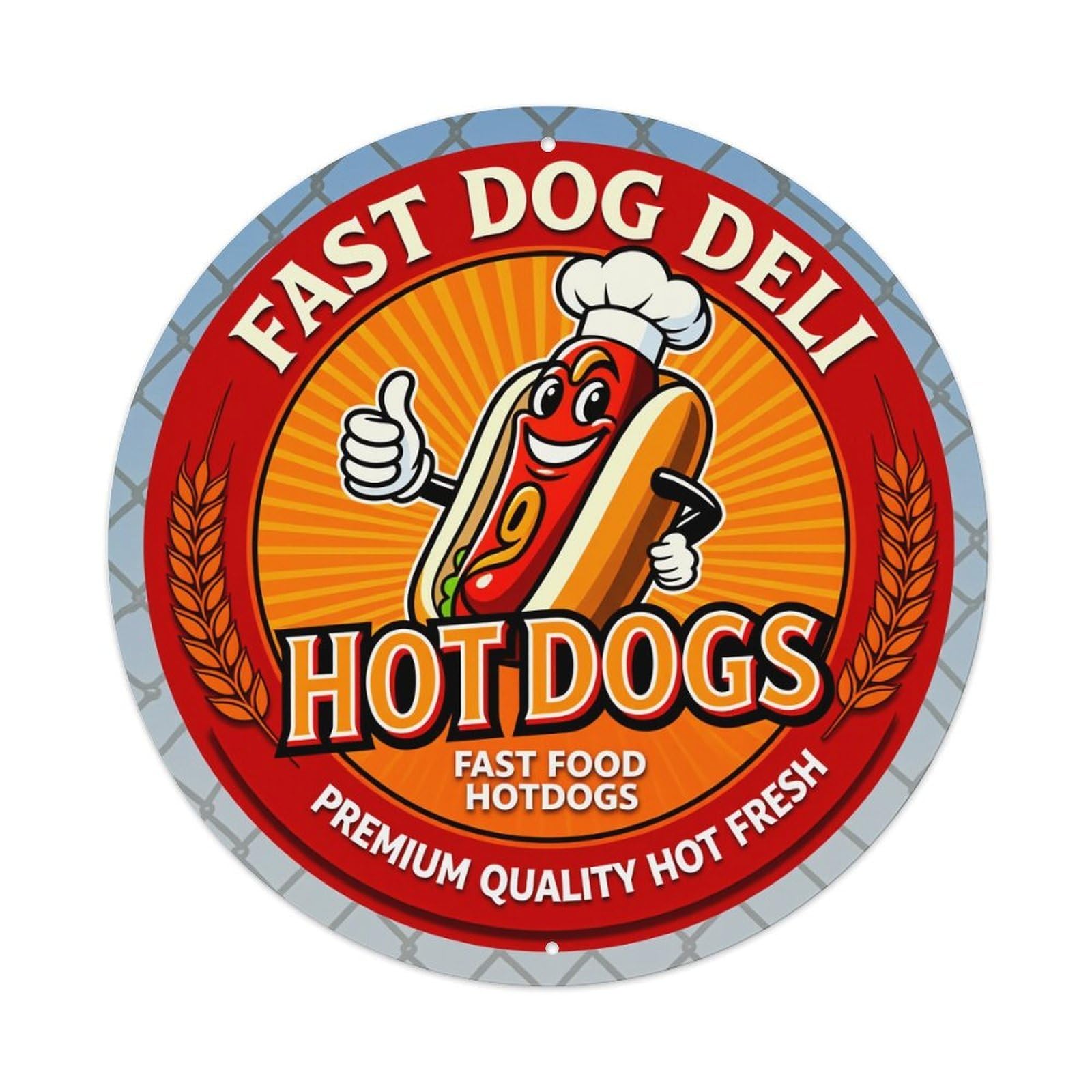 Fast Dog Deli Hot Dogs Round Tin Sign Vintage Style Metal Sign Home Bar Garden Wall Plaque Decor Metal Poster 8x8 Inch