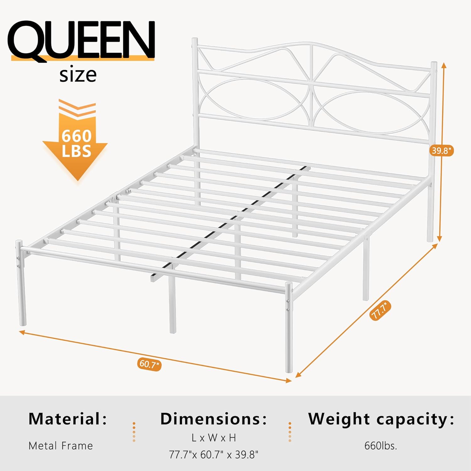 VECELO Queen Size Bed Frame, Metal Bed Platform with Headboard, Sturdy Steel Slats Support, No Box Spring Needed/Noise-Free,Easy Assembly