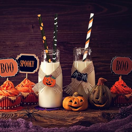 Miniatura 3 de ALINK 100 popotes de papel de Halloween, 10 estilos de pajitas biodegradables para fiestas con rayas, ondas, puntos, cabeza de calavera, fantasma,