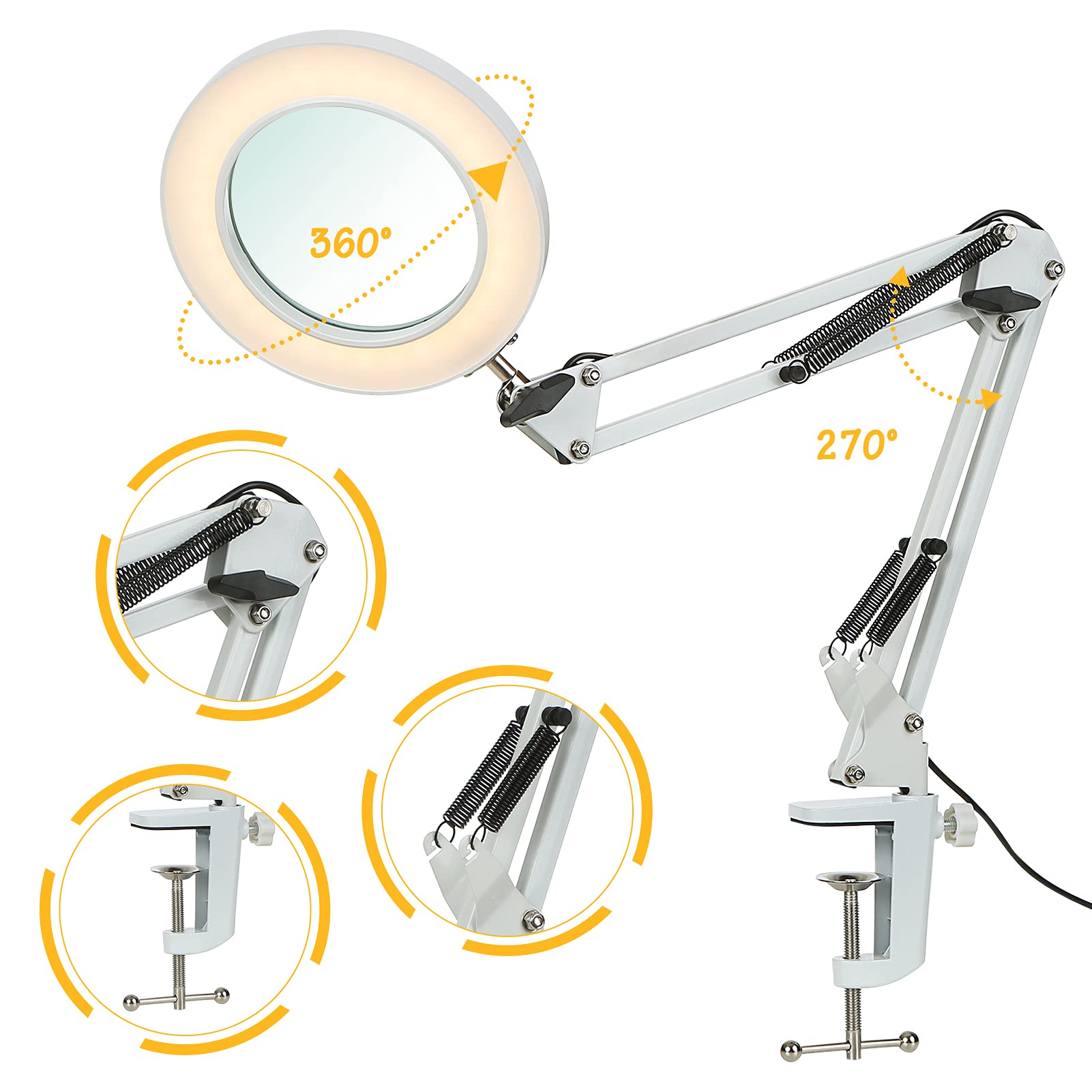 Lupa Lampa biurkowa 10X Obiektyw 64 diody LED 3 tryby ściemniania zasilanie USB bez użycia rąk lupa z klipsem do naprawy rękodzieła czytania hobby zamknięcie praca biała UC39