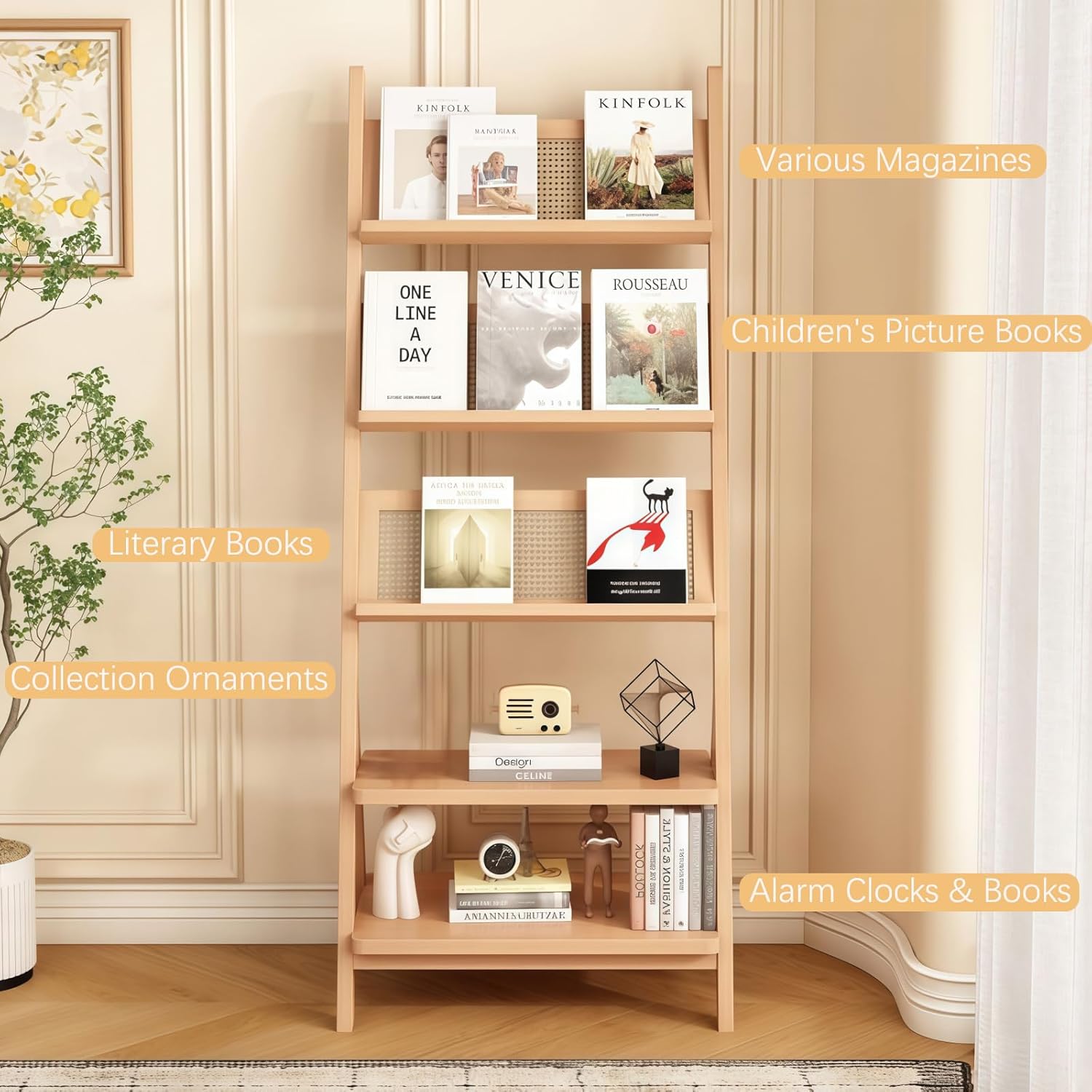 Kavie Bamboo Vertical Magazine Rack, Open Newspaper Storage Rack, Multi-layer Newspaper & Book Display Stand, Suitable for Living Room, Study and Office (Natural)