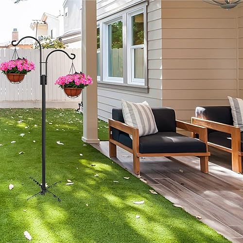 Miniatura 5 de Ganchos de pastor dobles para exteriores, paquete de 2 postes de comedero de pájaros de 60 pulgadas con base de 5 puntas, gancho de jardín