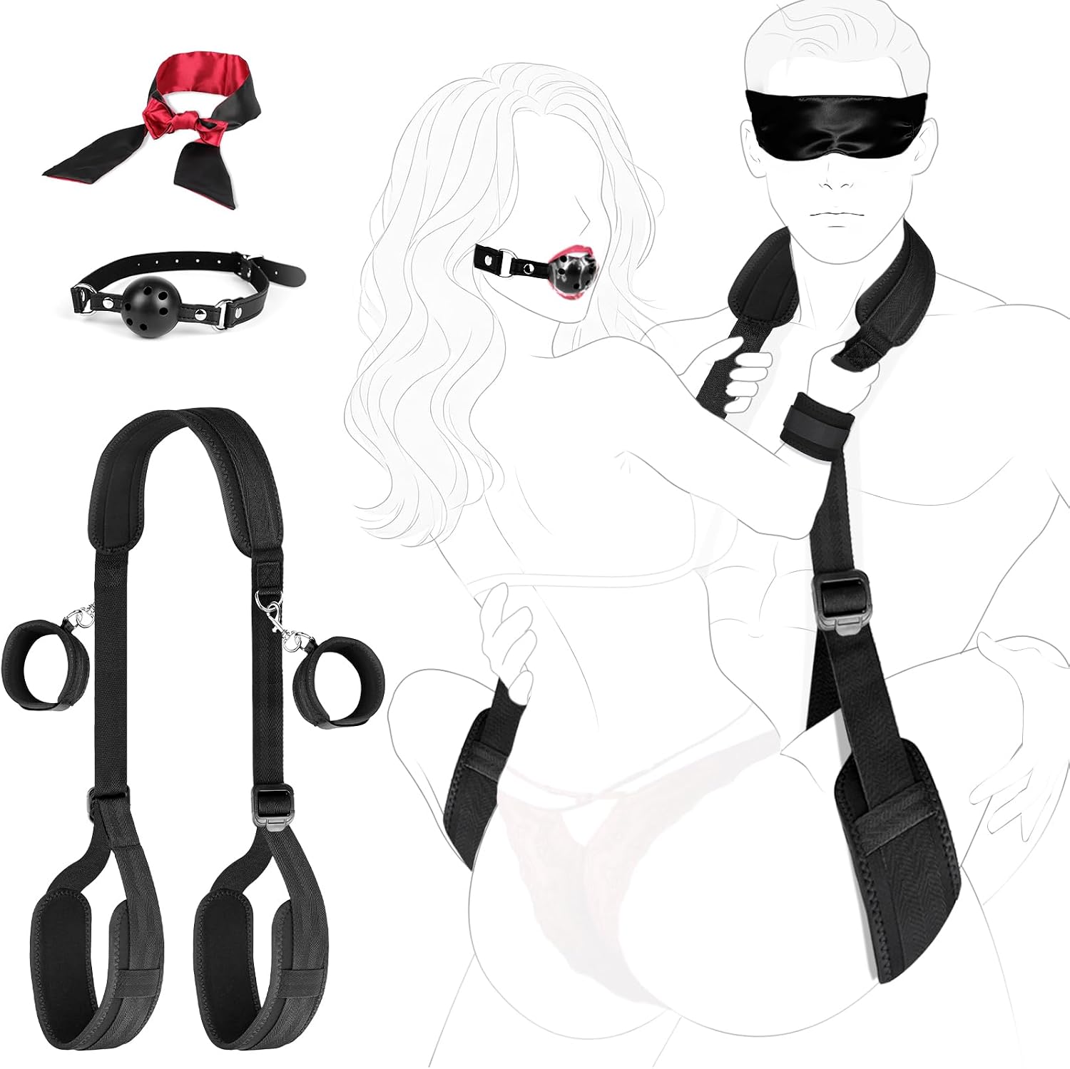 BDSM Bondage Kit Couple Sex Toys for Beginners, Towuyi Adjustable Sex Restraints Set with Wrist & Ankle Cuffs, Blindfold and Leather Ball Gag, Soft Adult Bedroom Role Play Kit for Women & Men | Nylon BDSM Bodage Harness Set