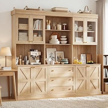 Vyre 71" Brown Modular Farmhouse Bookcase Set of 3, Expandable Storage Cabinets with Glass Doors or Drawers for Home Office and Study Room