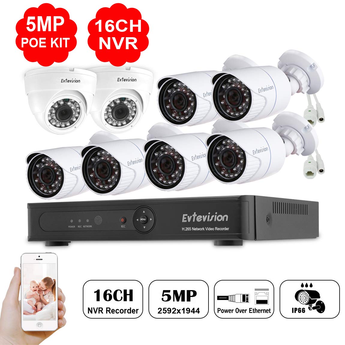 Buy Evtevision 16CH 5MP POE NVR Recorder Security System with 8pcs 5MP