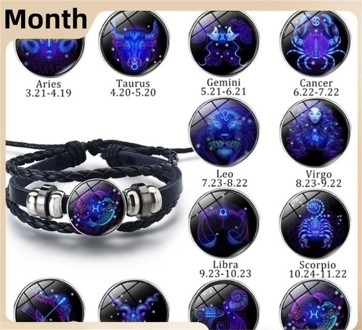 Black Twelve Zodiac Spirit Leather Bracelet - Adjustable Zodiac Jewelry Accessory for Enthusiasts - Image 2