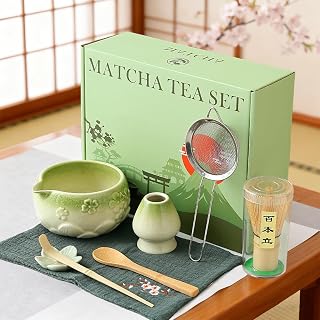 8 PCS Matcha Whisk Set, Green Matcha Kit Set WithCherry Blossom Embossed Pattern Includes Bowl with Spout, Bamboo Whisk, Ceramic Holder, Bamboo Scoop x2, Scoop 