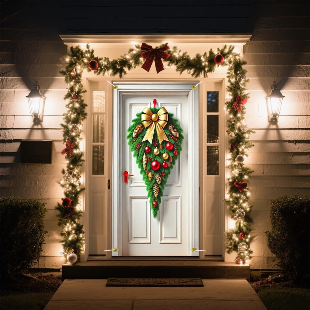 Pine Swag Gold Bow Christmas Door Cover 35x70in Elegant Xmas