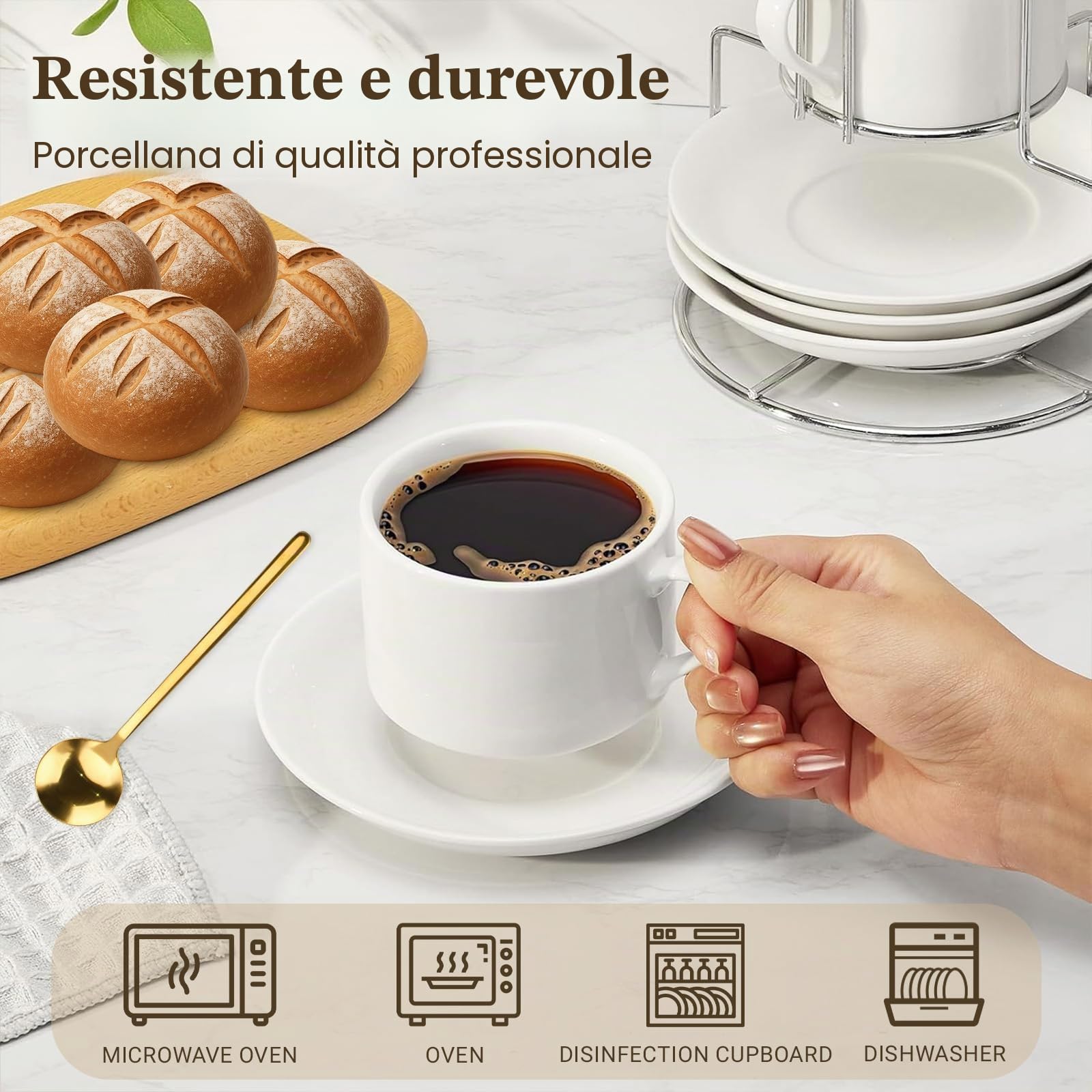 Set di 4 Tazzine Caffè, 4 x 5oz(160ml) Set Tazzine Caffè impilabili in Piattino e Supporto in Metallo, Ideale per Espresso, Cappuccino, Latte, Moka e Tè(con 4 Cucchiaio da Caffè)