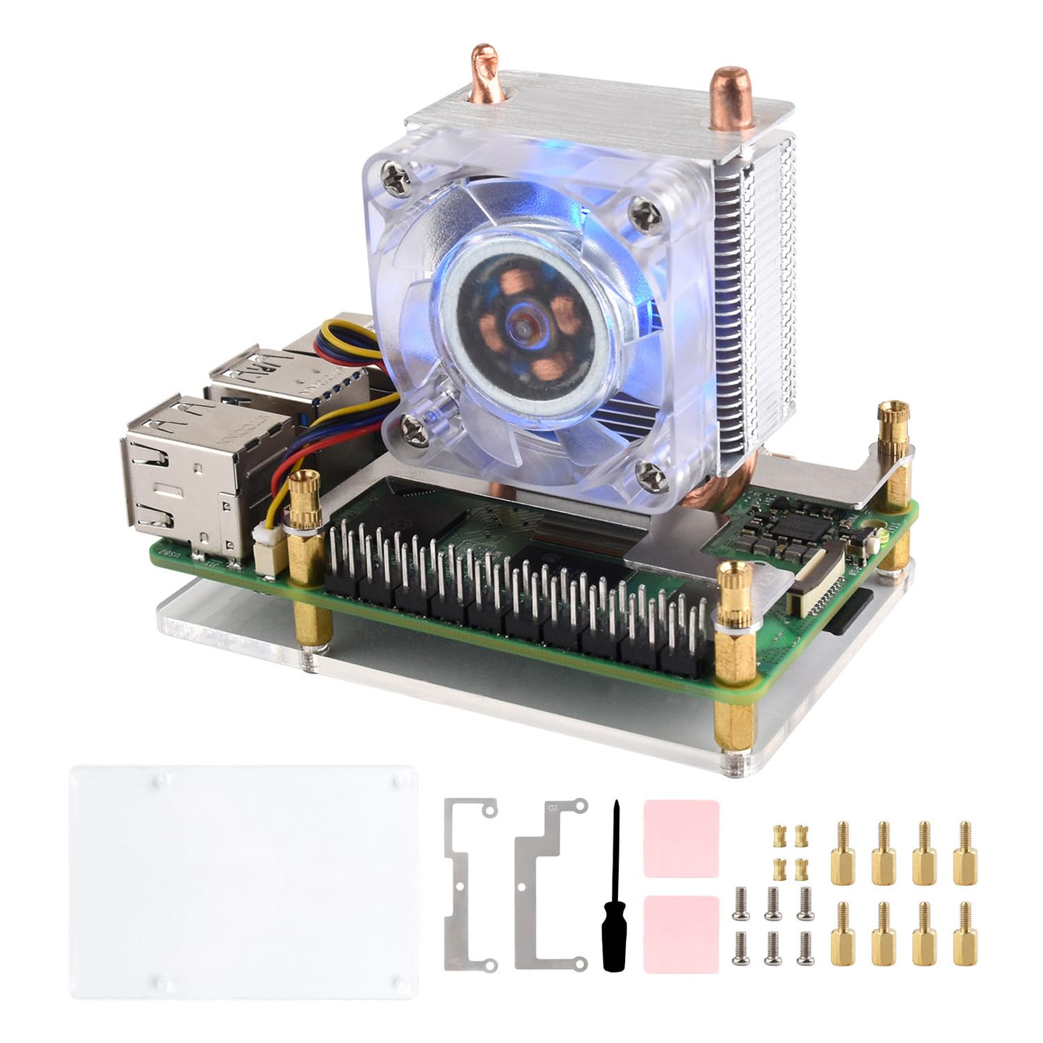 Waveshare ICE Tower CPU Cooling Fan, Compatible with Raspberry Pi 5, U-Shaped Copper Tube, Cooling Fins, Cooler with Colorful RGB LED