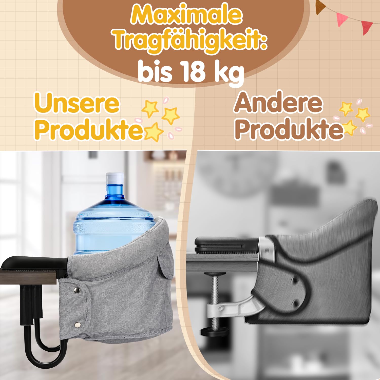 Tischsitz Baby, Faltbarer Kindersitz, mit Tragetasche | für zu Hause und unterwegs, Belastbarkeit 18kg, Grau