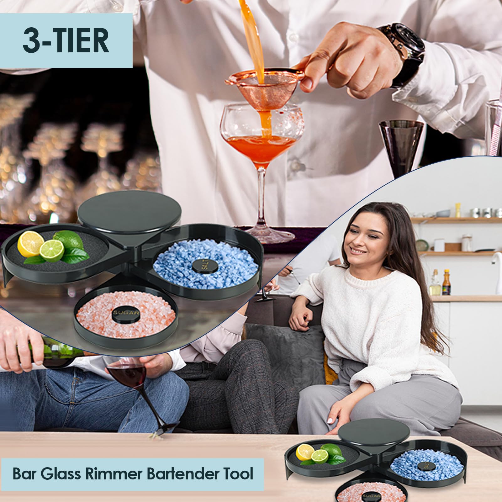Porta Sale, Zucchero e Lime in Vetro con 3 Scomparti - Accessorio Bar per Cocktail, Rimming, Decorazione Drink, Ideale per Feste e Uso Domestico