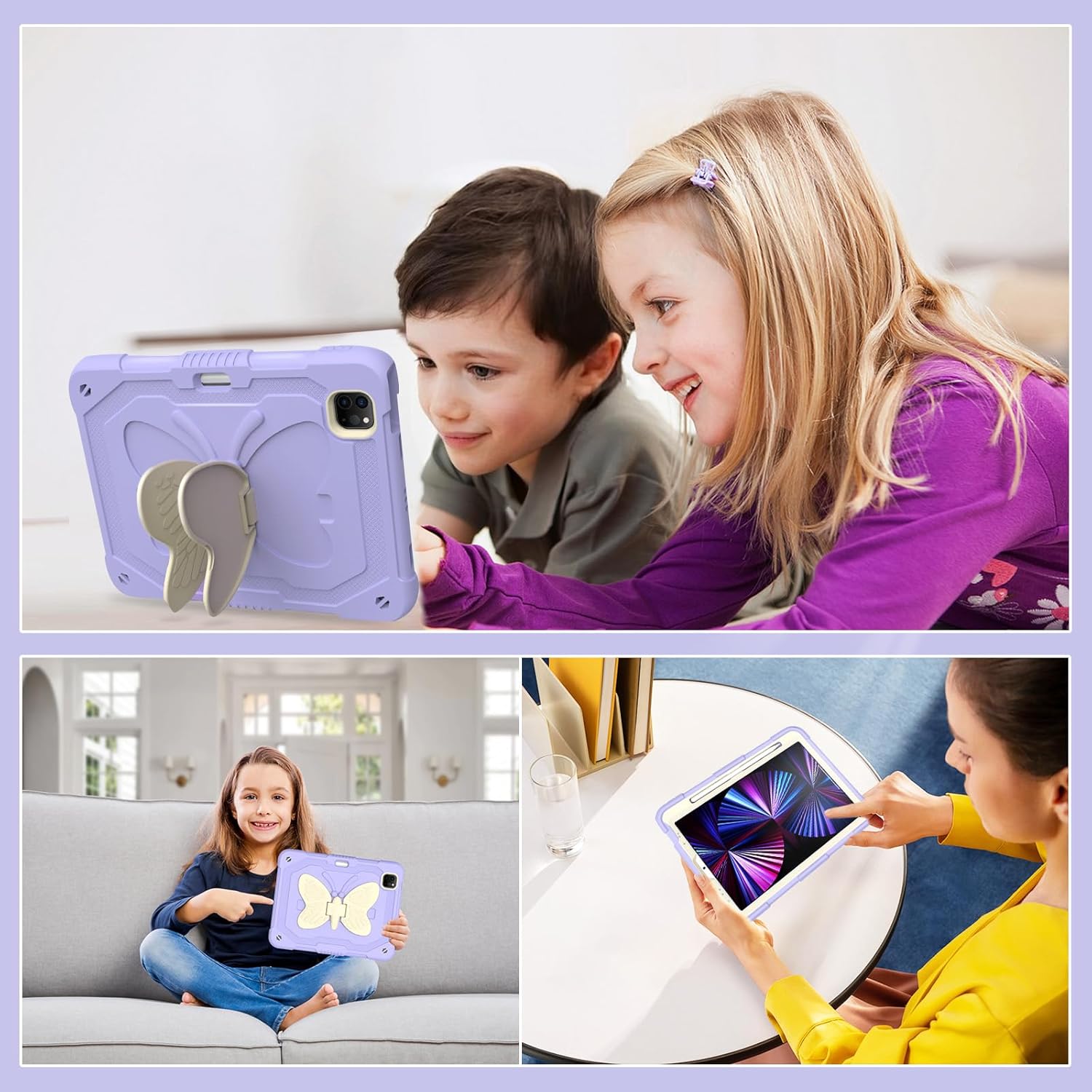for iPad Air 5th Generation Case iPad Pro 11 inch Case 4th 3rd for Kids Girls with Butterfly Kickstand, Shoulder Strap, Pencil Holder Cover for iPad Air 4th Gen 10.9'' (Purple)