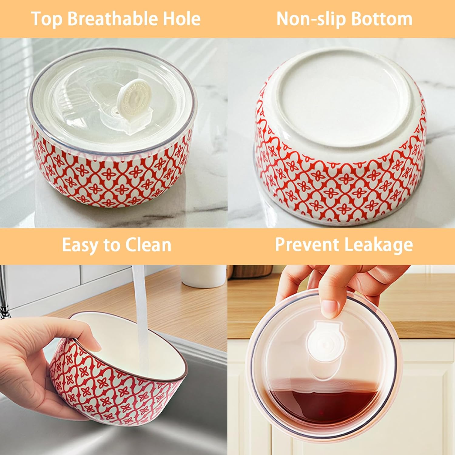 Ceramic Bowls with Lids Set of 4,20 oz Ceramic Serving Bowls with Lids for Kitchen,Office Lunch,Picnic, 5 Inch Prep Bowls for Meal Prep, Cereal, Salad, Microwave Dishwasher Safe