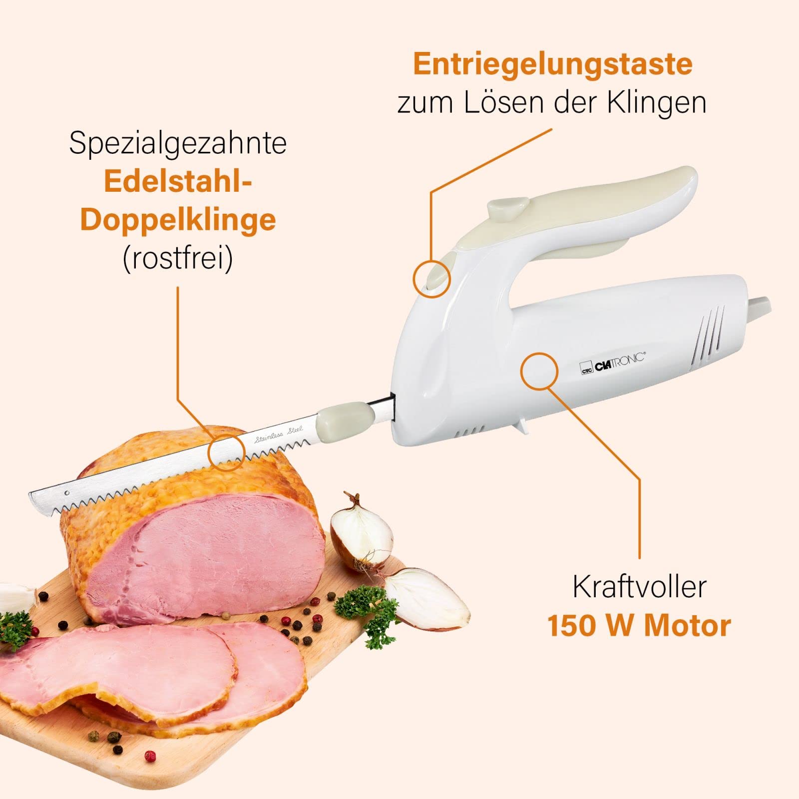 Elektrisches Messer 150 Watt - elektrisches Messer für Fleisch spülmaschinenfest - Doppelklingen Messer elektrisch - elektronisches Messer Profi mit Pflegetuch - Edelstahl Elektromesser