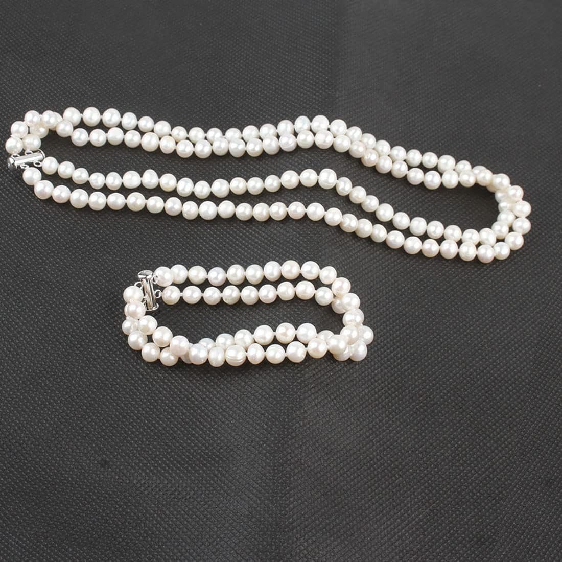 Elegant Double-Strand Freshwater Pearl Necklace Bracelet and Earrings Set for Women | 7-8mm White Pearls Necklace - Perfect for Weddings, Gifts, and Formal Events - Image 3