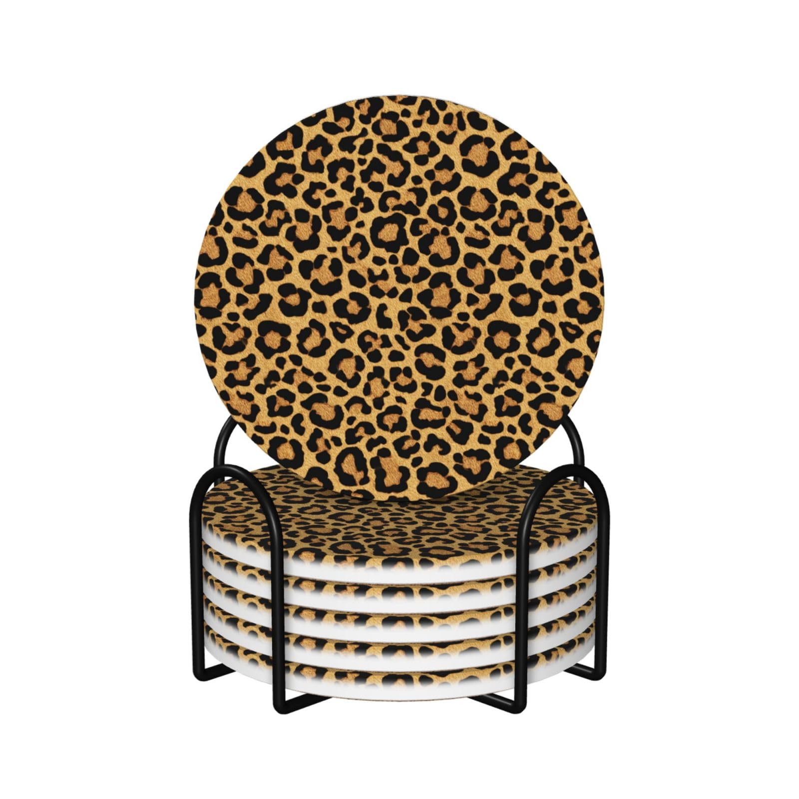Leopard Print Pattern Golden Brown Ceramic Coasters with Holder 6ps