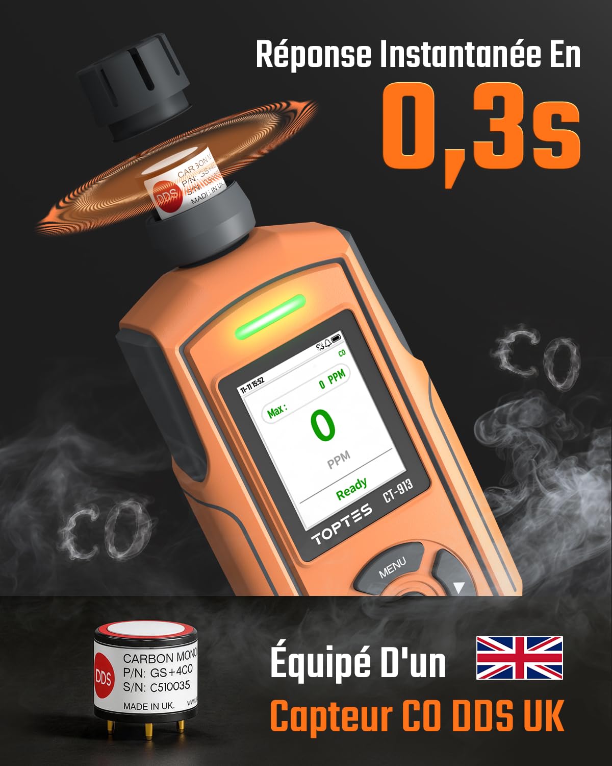 TOPTES CT-913 Détecteur de monoxyde de Carbone Portable, détecteur de CO Rechargeable avec capteur amélioré, écran Couleur TFT et Triple Alarme, 0–1000 ppm pour Camping, Voyage, Usage Professionnel