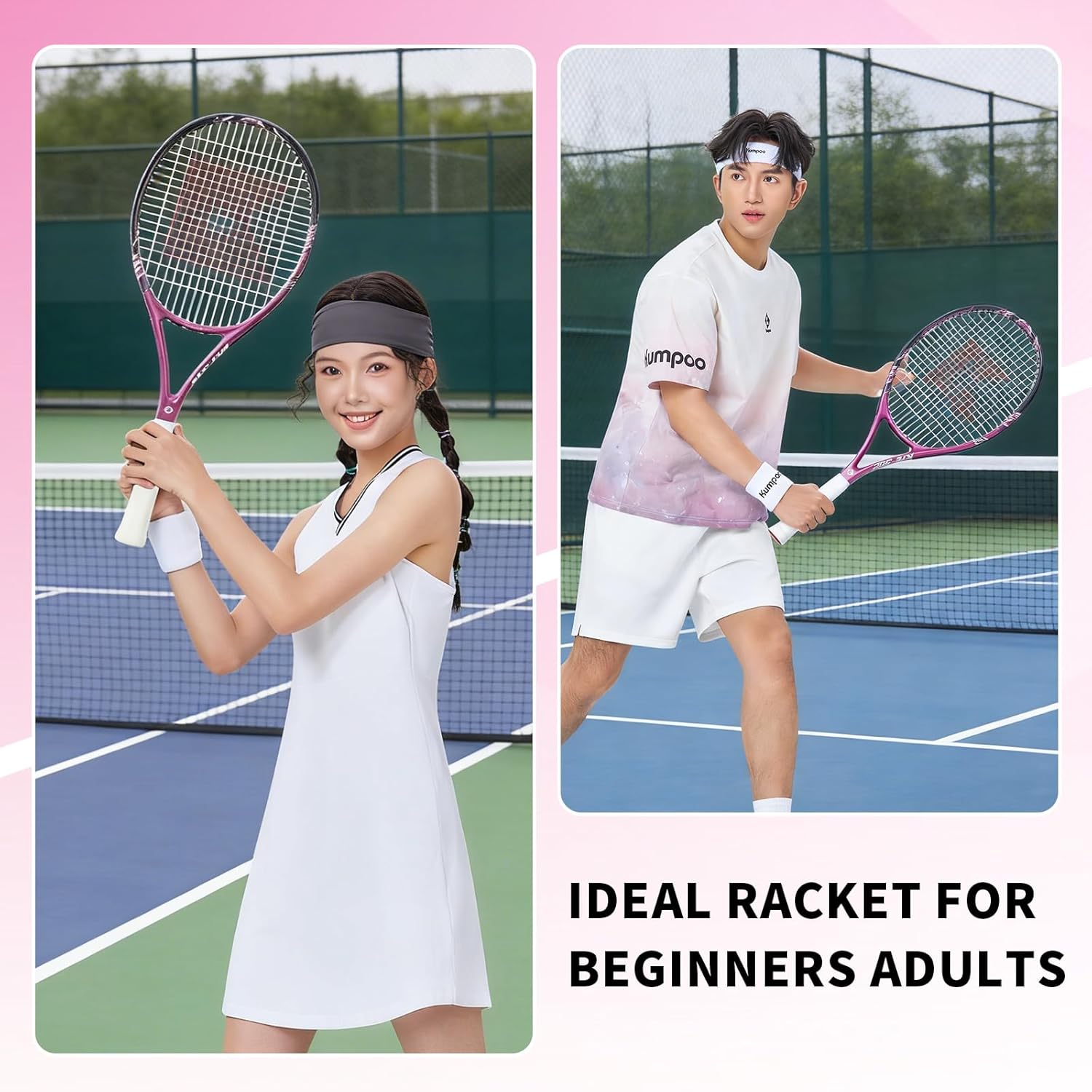 Adult Tennis Racket Pink, Pre-Strung 27 Inch Women Tennis Racket for Beginner, Durable Aluminum Frame, Recreational Tennis Racquet with Overgrips and Bag