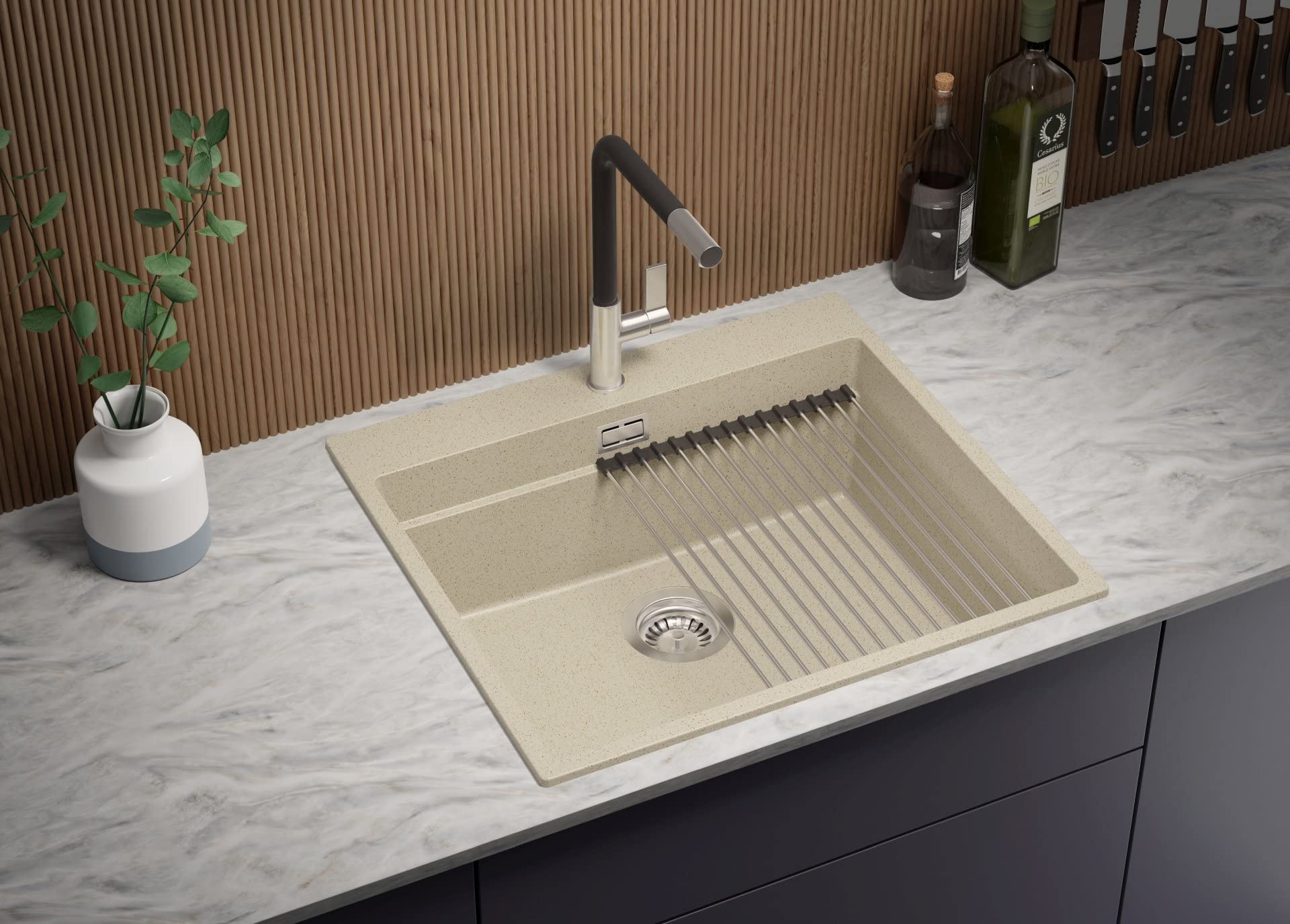 PRIMAGRAN Evier Cuisine en Granit Beige - Oslo, 58x53cm | Lavabo 1 Bac + Robinet 40x20cm + Kit d'accessoires, Évier à Encastrer au Meuble 60cm (S168)