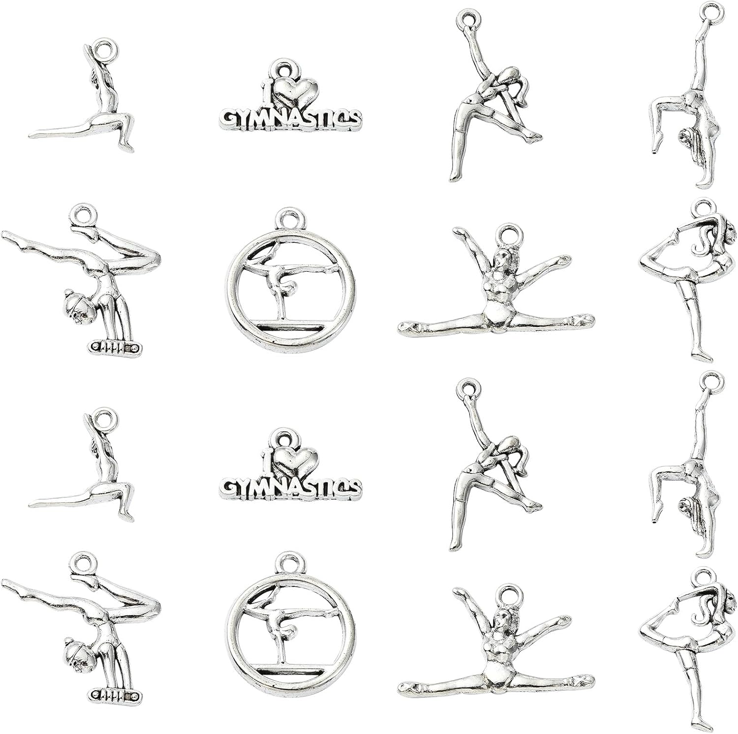 DanLingJewelry 80Pcs 8 Styles Tibetan Sport Theme Charms Antique Silver Gymnastics Dancer Spirit Cheering Charms for Jewelry Making
