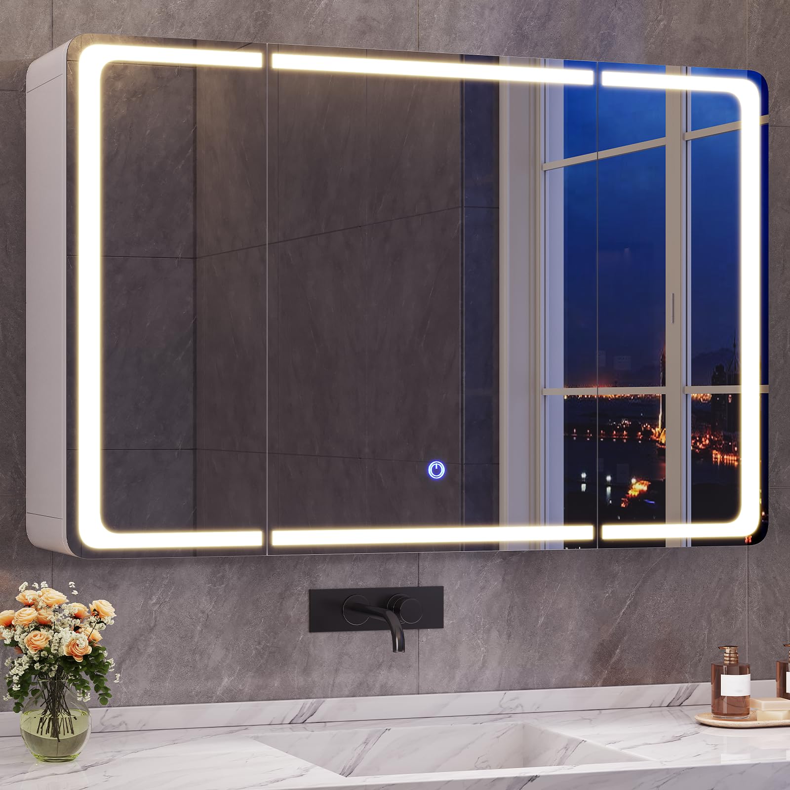 Specchio Bagno Contenitore 90x17x60 cm, Specchiera Bagno, Bianco | Illuminazione a LED a 3 colori, Ripiani Regolabili, Presa Elettrica, Specchio Grande HD Orientabile, Pulsante Touch, 3 Ante