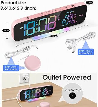 Extra Loud Vibrating Alarm Clock,Large LED Digital Display,Dual Alarms,Multiple RGB Colors,Dimmable Volume Adjustable,for Deep Sleepers and Hearing Impaired Deaf Seniors (Pink)