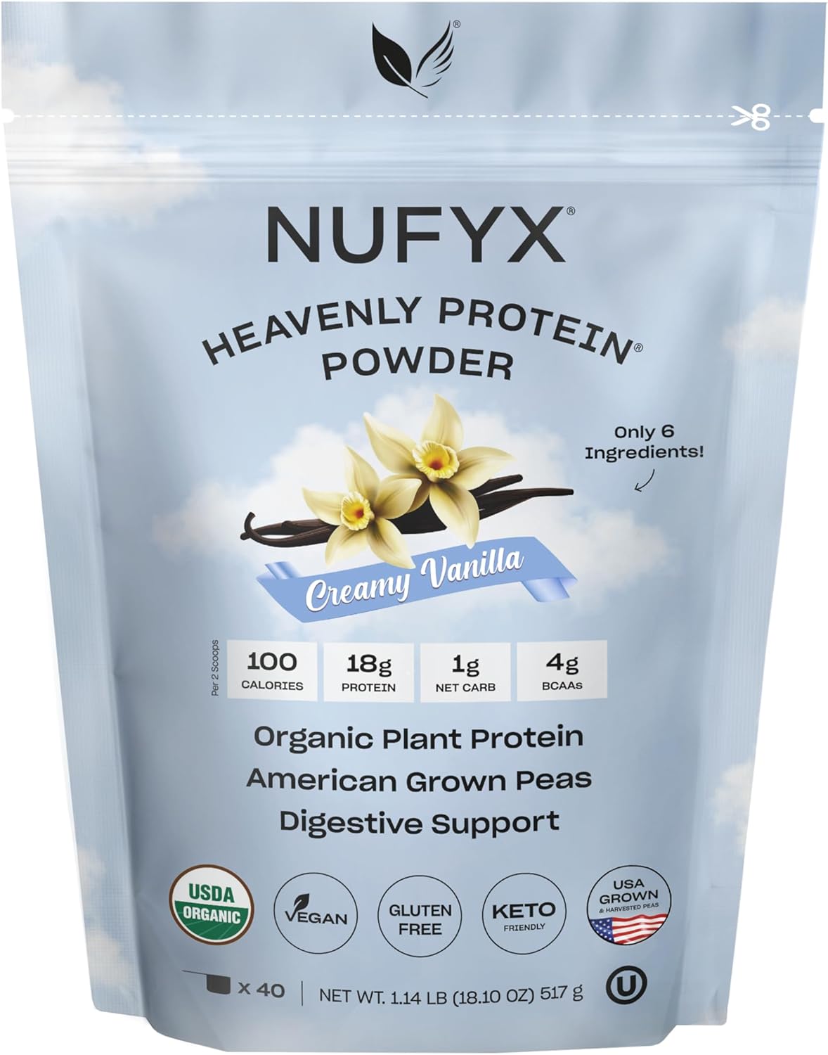 NUFYX® Family Owned Protein Powder, Organic Plant-Based, Made with 100% USA Grown Peas, 18g Protein for 100 Calories, Only 6 Ingredients, Digestive Support (Creamy Vanilla, 40 Scoops)
